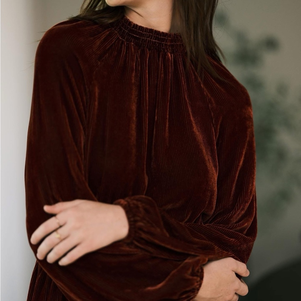 Bella Dahl Ribbed Silk Blend The Ruby Velvet Smocked Raglan Mini Dress Sz Small - Picture 3 of 11